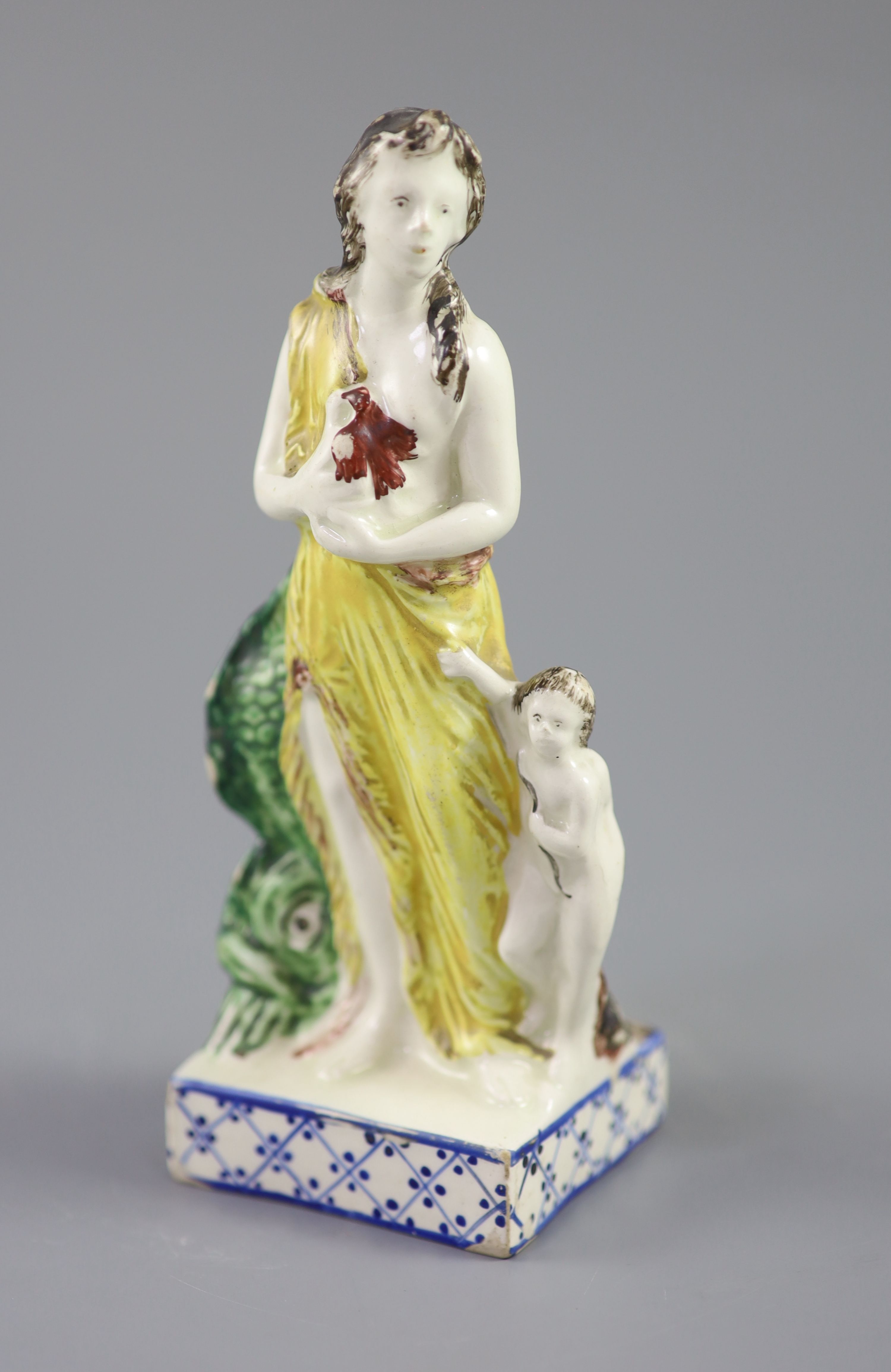 An enamelled creamware figure of Venus, attributed Leeds Pottery, c.1790-1800, 16.2cm high